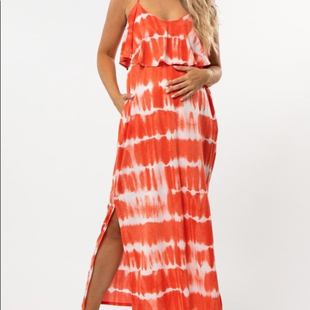 Coral Tie Dye Maternity Maxi Dress